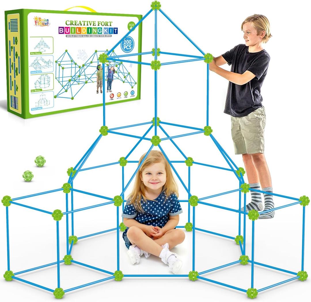 SpringFlower Fort Building Kit for Kids, STEM Construction Toys, Educational Gift for 3 4 5 6 7 8 9 10 11 12 Years Old Boys and Girls, Ultimate Creative Set for Indoor & Outdoors Activity, 200 Pcs, Green