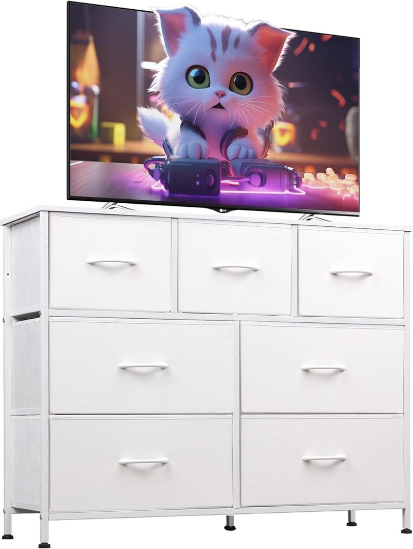 WLIVE 7 Drawer Dresser TV Stand, Dressers for Bedroom, Fabric Storage Tower, Hallway, Entryway, Closets, Sturdy Steel Frame, Wood Top, Easy Pull Handle, White