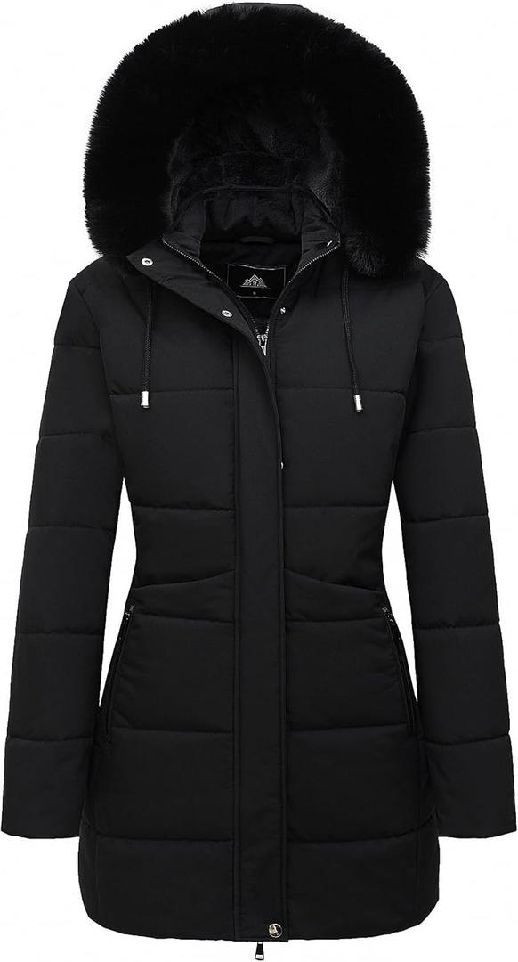 MOERDENG Women's Winter Puffer Coat Thicken Fleece Lined Down Jacket Waterproof Faux Fur Detachable Hooded Parka (Black,XL)