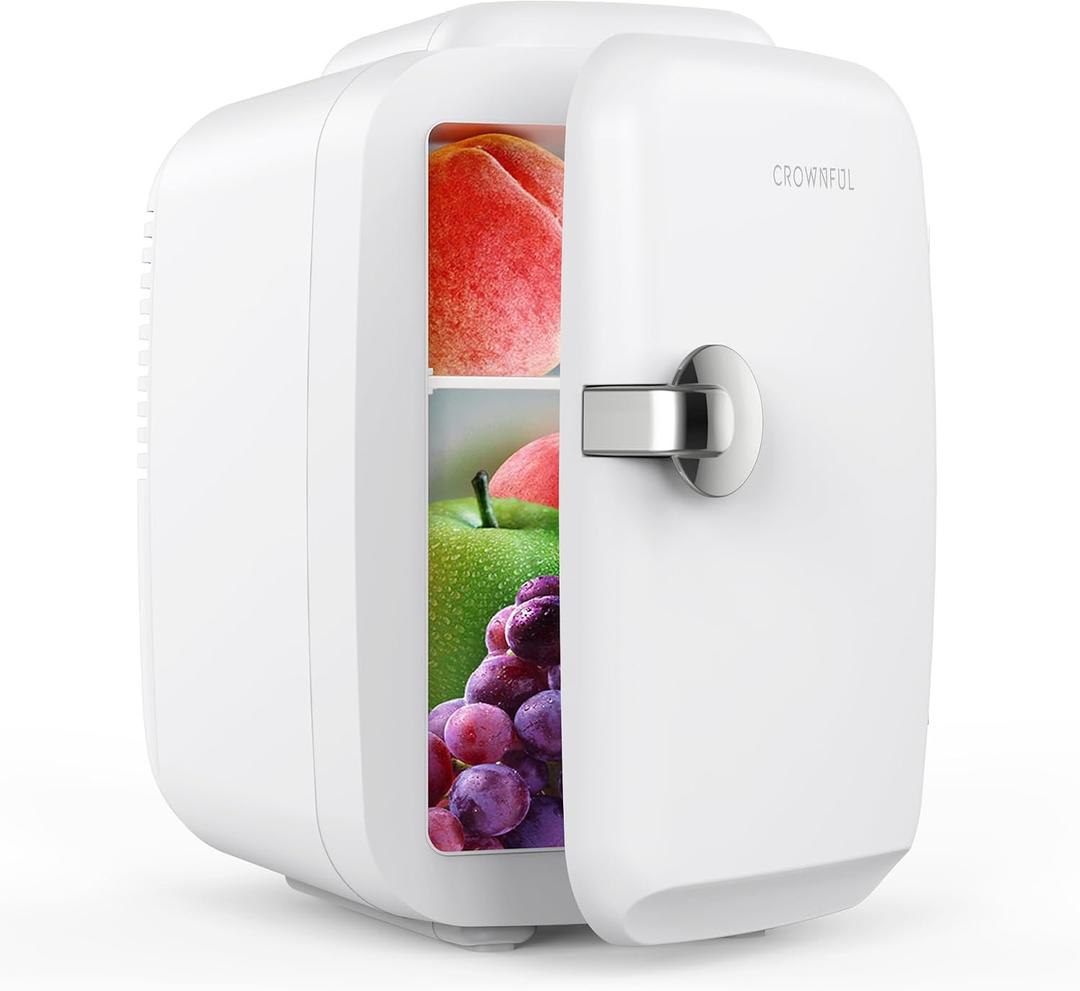 CROWNFUL Mini Fridge, 4 Liter/6 Can Portable Cooler and Warmer Personal Refrigerator for Skin Care, Cosmetics, Beverage, Food,Great for Bedroom, Office, Car, Dorm, ETL Listed (White), 5.32x5.52x7.88 Inches
