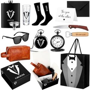 Shinylin 13 Pcs Groom Proposal Gift Set Stainless Steel Flask Box Bag Shot Glass Bottle Opener Pocket Watch Sunglasses Knife Sock Card Toiletry Bag for Wedding