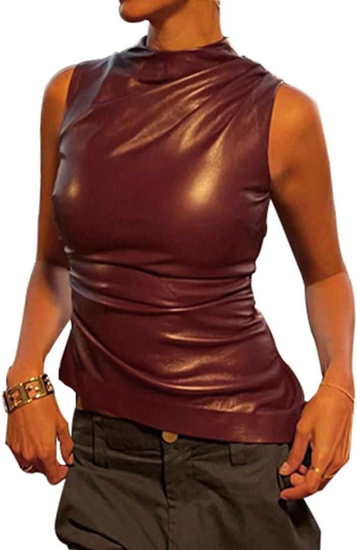 Women's PU Leather Tank Top Mock Neck Ruched Sleeveless Y2k Pleated Asymmetrical Shirts with Zipper