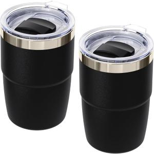 8 oz Small Coffee Cup with Magnetic Lid, Ceramic-Lined 18/8 Stainless Steel, Double-Wall Vacuum Insulated, Stackable, Dishwasher Safe, Mini Tumbler for On-the-Go, 2 Pack, Black