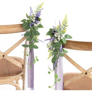 Ling's moment 8pcs Wedding Artificial Aisle Pew Flowers Chair Decorations Arrangements with Chiffon Ribbons Lavender Purple for Ceremony Chair Back Floral Decor Reception Church Party Outdoor (Pr-french Lavender & Plum)