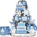 Menkxi 15 Pcs Winter Tiered Tray Decor Snowman Snowflake Tiered Tray Decorations Set Blue Rustic Farmhouse Wooden Signs Tabletop Centerpieces for Winter Holiday Party(Stylish)