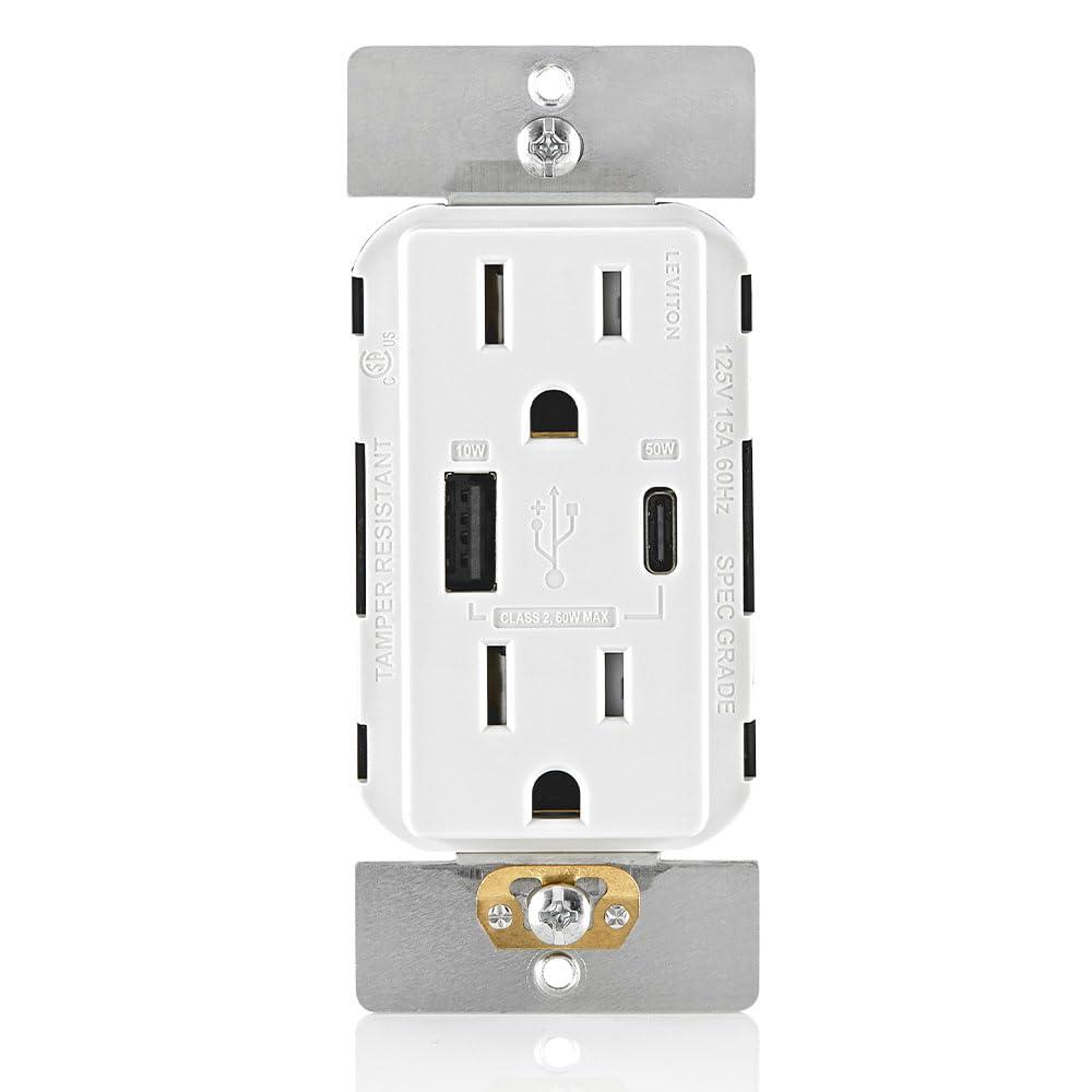 Leviton 60W (20V@2.5A+ 5V@2A) USB Dual Type A/Type-C Power Delivery in-Wall Charger with 15A Tamper-Resistant Outlet, USB Charger for Smartphones, Tablets, Laptops, T5634-W, White