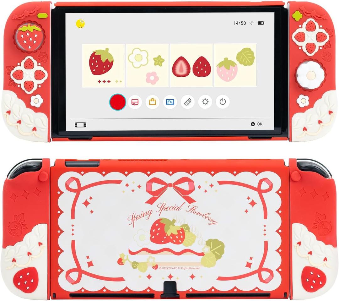 GeekShare Protective Case for Switch OLED Slim Cover Case Compatible with Switch OLED Separable Soft Silicone Protective Shell for Joy Con with 2 Thumb Grip Caps - Strawberries with Cream