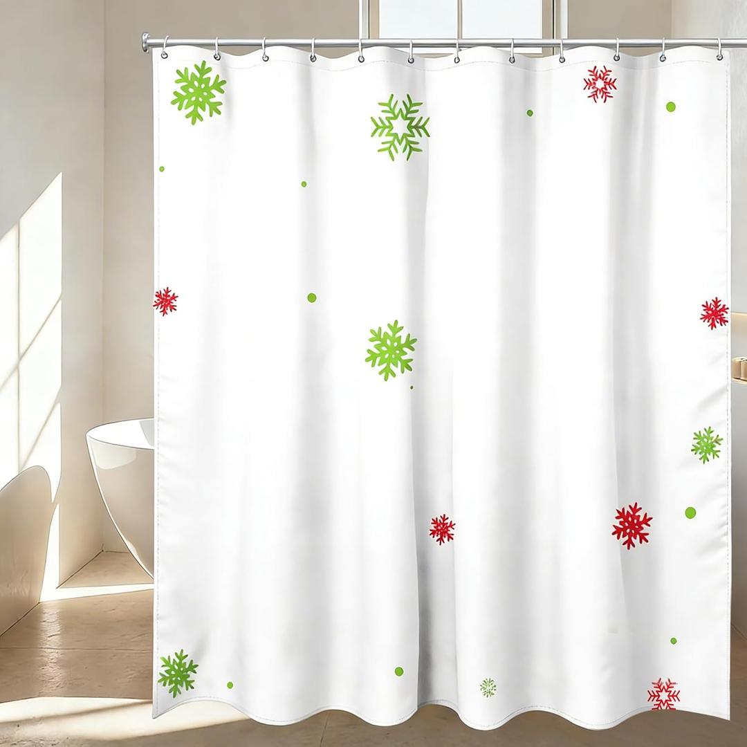 Christmas Shower Curtain and Ring Set, Green Shower Curtain with 12 Plastic Hooks for Bathroom Winter Holiday Xmas Decoration 72" x 72" (White)