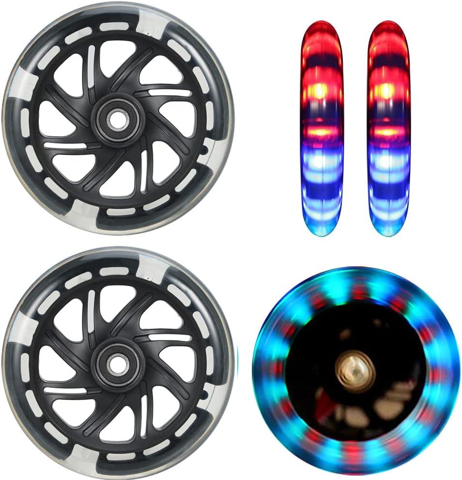 2Pcs 120mm Light Up Scooter Wheels - 2pcs Rear 80mm Light-Up Flashing 3-Wheeled kid Scooter Replacement Wheels with ABEC-9 Bearing for Kick Scooter (Black/120MM)