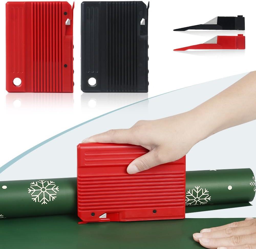 Quicker and Easier Gift Wrap Cutter (2-Pack) | Wrapping Paper Cutter with Replaceable Blade Sets | Christmas Holiday Birthday Wrapping Tool(Black+Red)