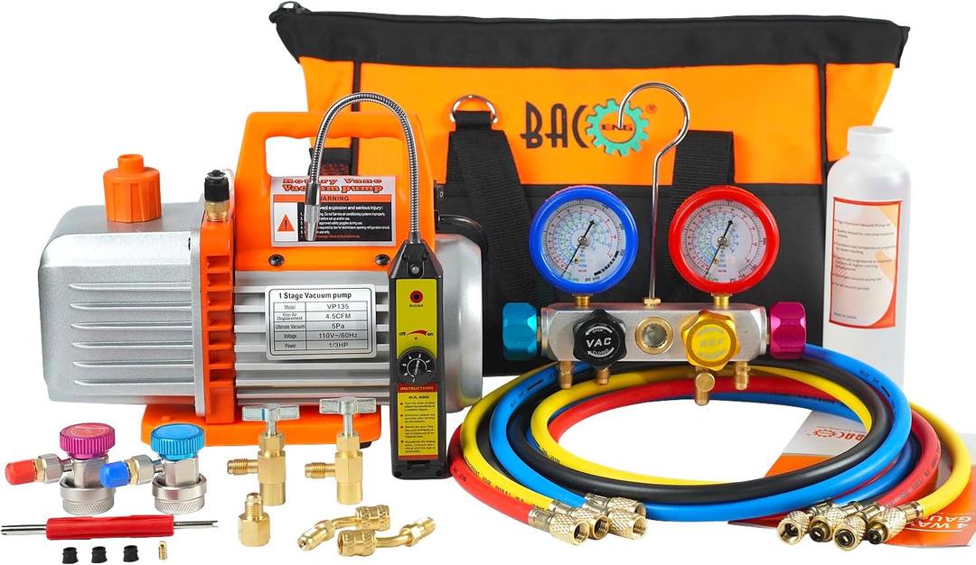 BACOENG 4.5CFM AC Vacuum Pump and Gauge Set, 4-Way HVAC Vacuum Pump Kit with Leak Detector for R134a R22 R410a Refrigerants AUTO/Mini Split Vacuum System, with Can Tap and Quick Couplers