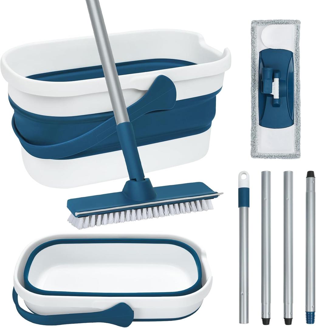 Collapsible Mop Set with Scrub Mop and Brush, Tile Laminate Hardwood Floor Brush and Flat Mops for Floor Cleaning, Foldable with Washable Microfiber Mop(Blue)