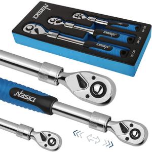 DISEN 3PCS Extendable Ratchet Wrench Set,1/4" 3/8" 1/2" Drive 72-Tooth, Quick-Release, Reversible Drive Socket Wrenches,Soft Grip Handle with Storage Tray