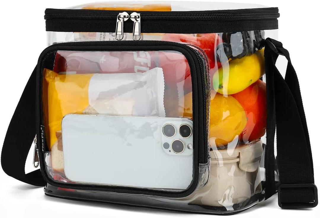 FlowFly Insulated Reusable Lunch Bag Adult Large Lunch Box for Women and Men with Adjustable Shoulder Strap,Front Zipper Pocket and Dual Large Mesh Side Pockets, Clear