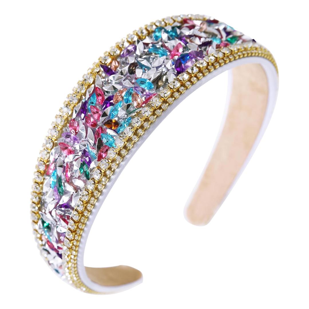 Colorful Baroque Rhinestone Headband Women Sparkly Bling Crystal Diamond Headband Fashion Wide Jeweled Headbands for Girls Ladies Cute Dressy Hair Band Multicolor