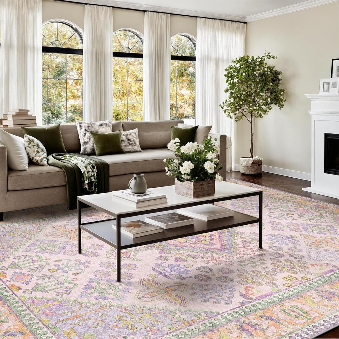 Kokia 9'x12' Area Rugs for Living Room, Stain Resistant Machine Washable Rug, Non Slip Backing Boho Rugs for Bedroom, Printed Soft Vintage Carpet Lilac Lavender Purple 9' x 12' (Lavender/Light Rose/Apricot/Mint)