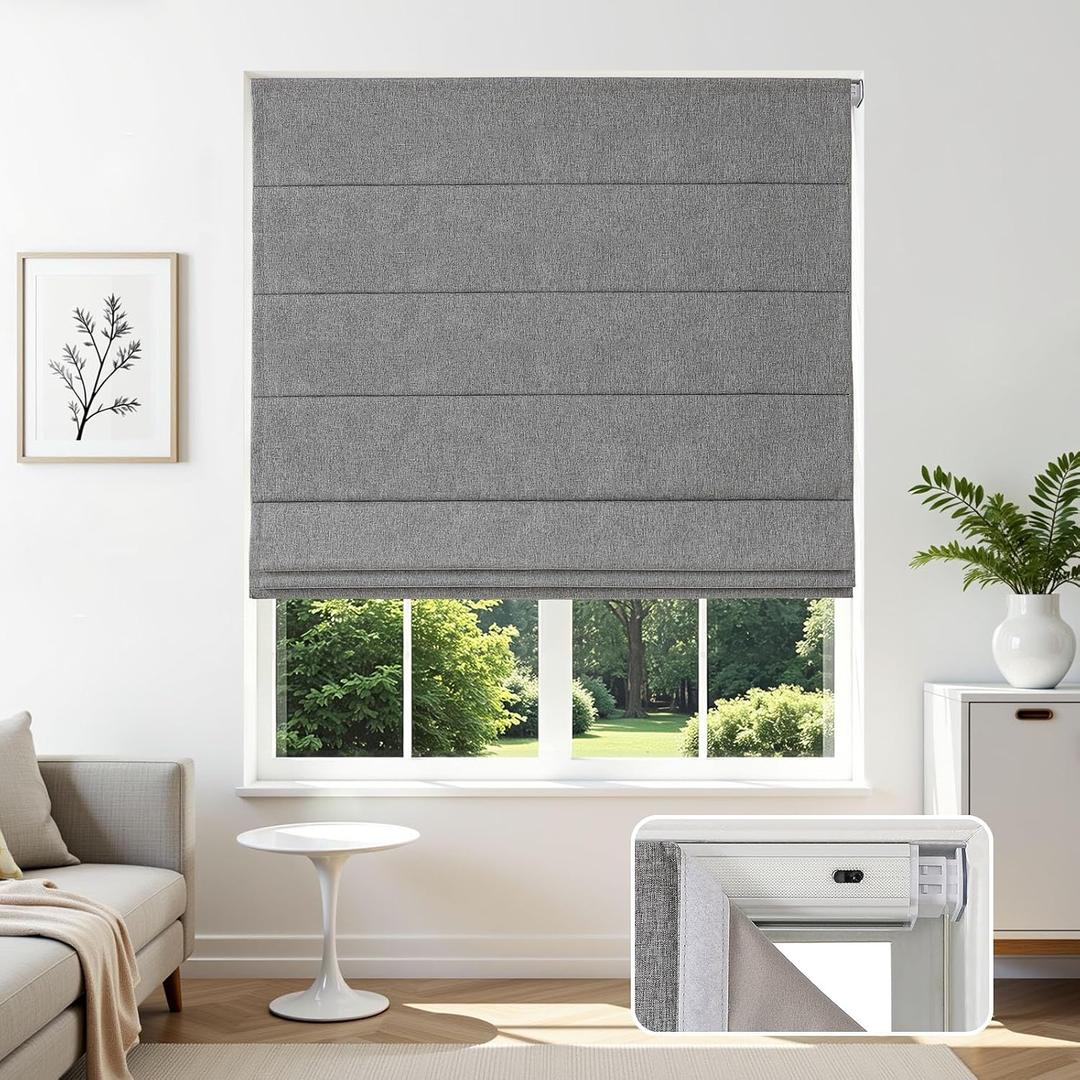Joydeco Blackout Cordless Roman Shades No Drill, 23" W × 64" H, Grey