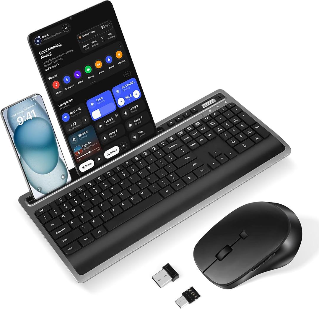 Wireless Keyboard and Mouse Combo, Full Size Ergonomic Keyboard with Wrist Rest and Phone Holder 2.4G USB & Type-C Quiet Keyboard Silent Mouse for Computer Laptop Windows Mac iOS