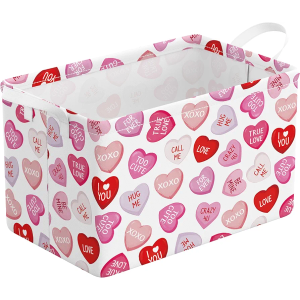 Valentine's Day Basket Colorful Love Hearts Storage Basket with Handles Foldable Valentine's Day Gift Bin Box Container Organizer for Home Office Living Room Decor (Pink)