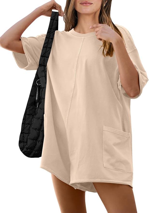 ANRABESS Women Summer Oversized T-Shirt Tee Romper Casual Baggy Short Sleeve Overall Athletic Workout Jumpsuit Trendy Outfits Small
