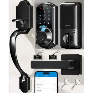 Veise VE07-H Fingerprint Smart Lock for Front Door Handle Set, Matte Black | App Control, 0.3s Fingerprint Unlock, 8-in-1 Unlock, Keyless Entry Keypad Deadbolt, 250+ Codes, Touchscreen, Auto Lock