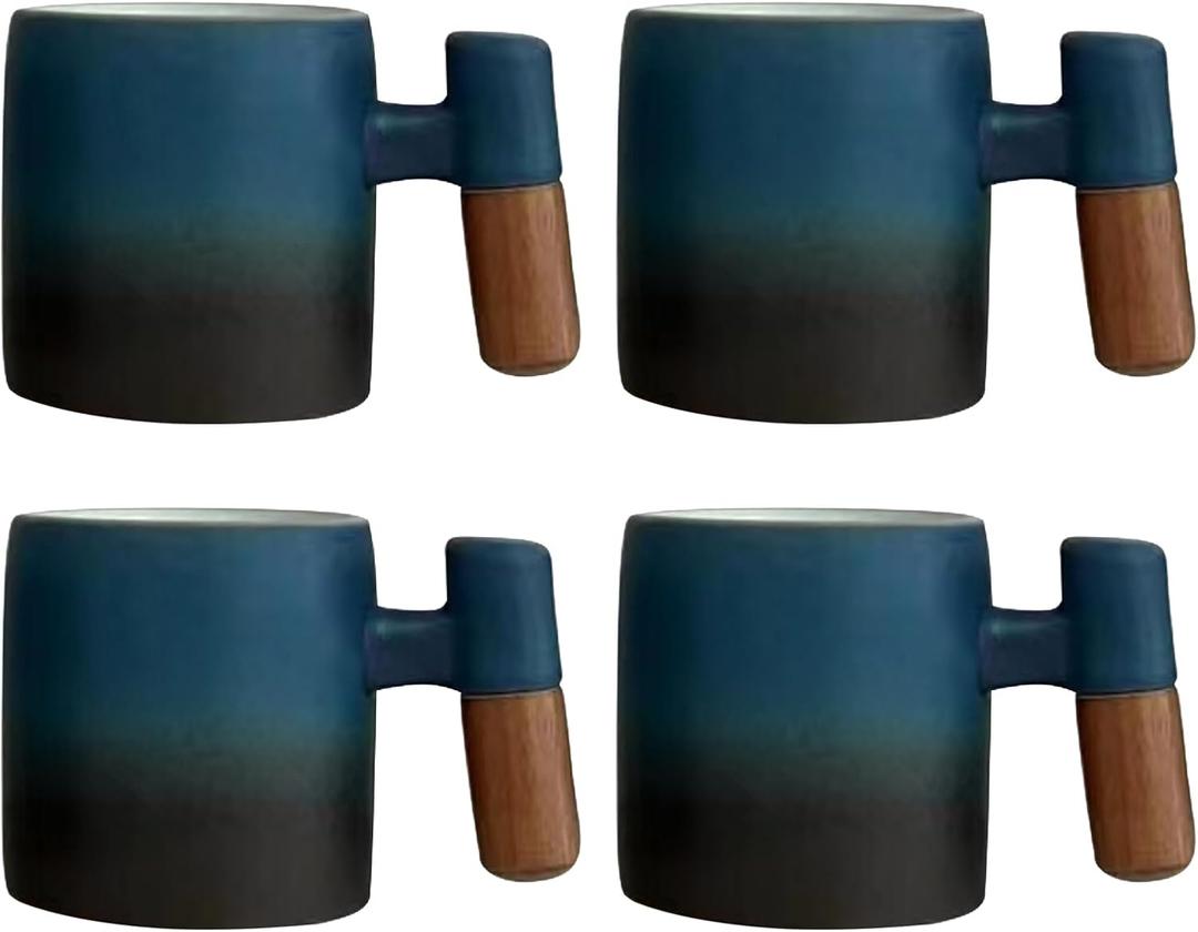 2-Oz Ceramic Espresso Cups with Wood Handle, 2/4-Piece Set for Coffee, Tea, Latte - Dishwasher Safe, Multi-Color & Wood Styles, Gift & Caf Use (blue black, Wooden Handle4)