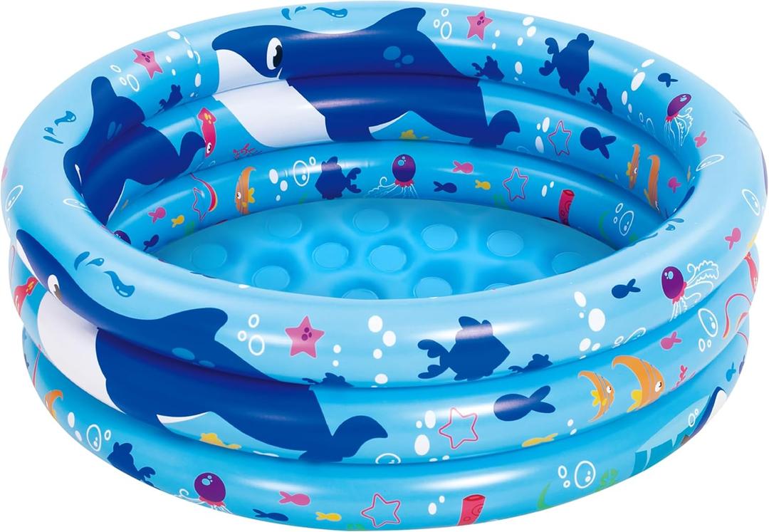 Sloosh Inflatable Kiddie Pool, 34"x10" Blow Up Kid Swimming Pool, 3 Rings Blue Baby Pool for Toddler, Play Pit for Dog with Ocean Whale Pattern for Summer Water Party Backyard Garden(Whale)