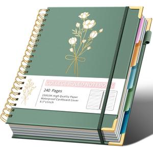 Hardcover Spiral Notebooks 8.5" X 11" Note Taking 5 Subject Notebook College Ruled with Dividers 240 Pages 100GSM Aesthetic Spiral Notebook for Work School Cute Journals for Women Writing (Green)