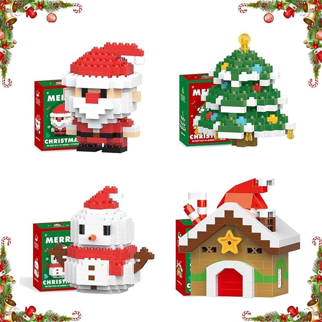 4 Packs Christmas Building Blocks Set, Santa Claus Design Building Blocks Set, Christmas Ornaments Element Building Blocks Ornaments, Christmas Pixel Block Figures Stocking Stuffers Gifts
