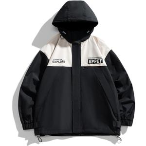 Lightweight Men's Jacket with Hood for Outdoor, Travel, Hiking, Windbreaker, Versatile, Stylish Design (X-Large, Khaki-black)