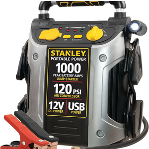 STANLEY 1000 Peak Amp Automotive Jump Starter, Portable Power – 2.1A/10W USB Port, 12V Outlet, 120 PSI Air Compressor for Tires, Bikes & Sports Equipment