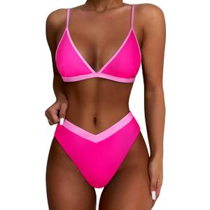 SUUKSESS Women Triangle High Cut Bikini Sets Sexy High Waisted 2 Piece Swimsuit (Large, 57 Pink Color Block)