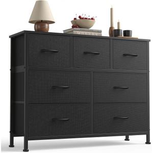 Sweetcrispy 7 Drawer Dresser with Fabric Bins Fabric Storage Tower Organizer for Bedroom Closet Hallway Entryway Tall Chest of Drawers with Steel Frame Wood Top Easy Pull Handles,Black, 11.8"D x 39.3"W x 30.3"H