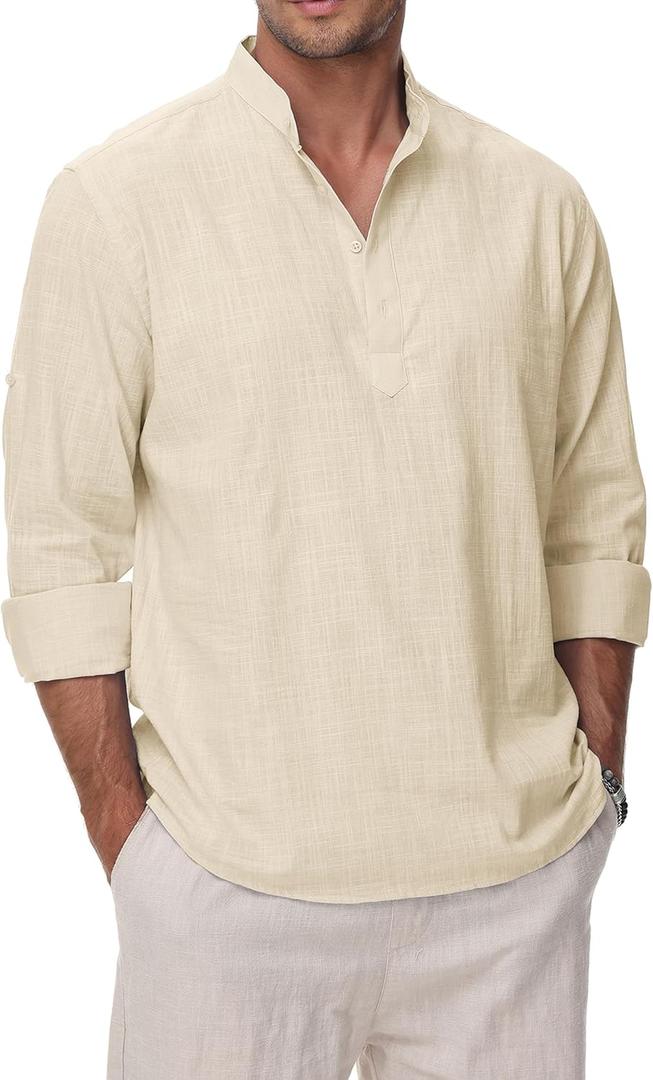 Cotton Linen Shirts for Men Lightweight Casual Long Sleeve Henley Beach Hawaiian Tops (Yellow, S)