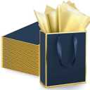 Yeaqee 24 Pack Metallic Paper Gift Bags with Handle and Tissue 9x7x3.1 Gold Foil Welcome Thank You Favor Bags Return Gifts for Wedding St. Patrick's 5 Senses Bridesmaid Birthday(Navy Blue, Gold)