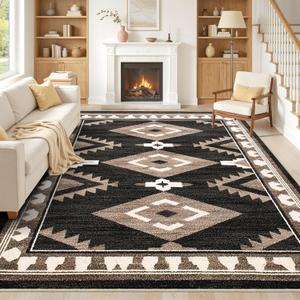 Tijuboni Western Rugs for Living Room Non Slip, Southwestern Area Rugs for Dining Room Kitchen Bedroom Nursery, Washable Rubber Backing, 8x10 Aztec Black-White-Brown