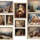 Whaline 10 Sheet Vintage Christmas Wall Art Prints Snow Scene Santa Xmas Tree Posters Retro Warm Seasonal Paper Wall Arts for Winter Holiday Living Room Bedroom, Unframed