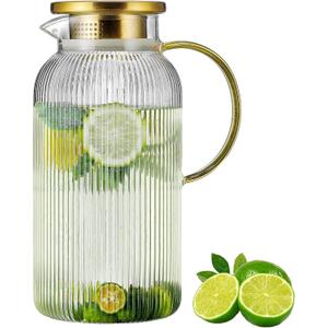Glass Pitcher with Lid, 84oz/2.5 Liter Classic Vertical Stripes Water Pitcher,Glass Water Carafe for Cold Brew, Coffee, Lemonade, Iced Sun Tea,Beverage, Milk, Heat Resistant (Clear)