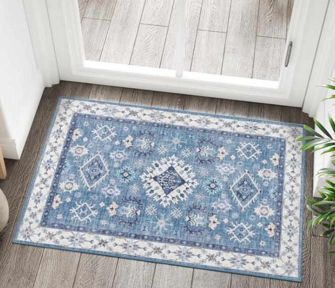 Washable Entryway Area Rug 2x3 - Small Doormat Vintage Distressed Rugs Oriental Non-Slip Stain Resistant Carpet Soft Thin Non-Shedding Indoor Floor Mat for Bedroom Bathroom Kitchen (Grey/Blue,2x3)