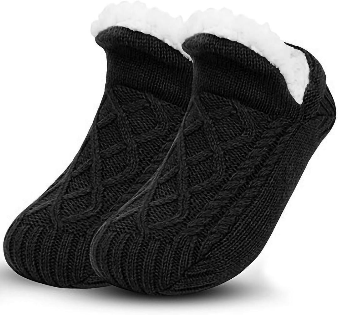Unisex Fluffy Fuzzy Warm Slipper Socks for Men Women, Thick Fleece Lined Non-Slip Socks Indoor Floor (13-15 Women/11.5-13.5 Men, Black)