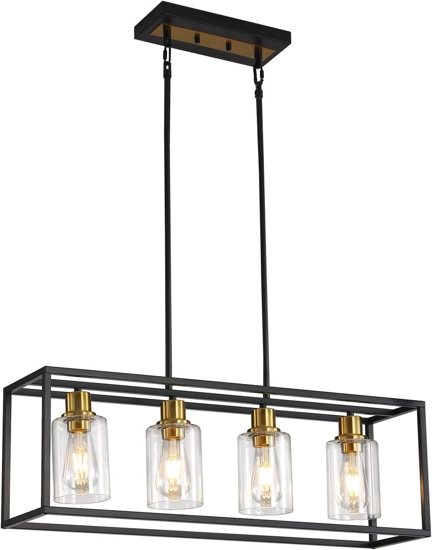4-Light Kitchen Island Lighting, Farmhouse Pendant Island Light Fixture with Glass Shades, Black and Gold Chandelier for Dining Room, Restaurant, Foyer