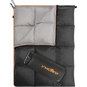 Down Camping Blanket - Lightweight Packable Outdoor Blanket, Water Resistant Camping Quilt for Hiking, Travel, Hammock, Warm and Compact Backpacking Quilt with Stuff Sack for Cold Weather (1.72 lb, Black/Orange)