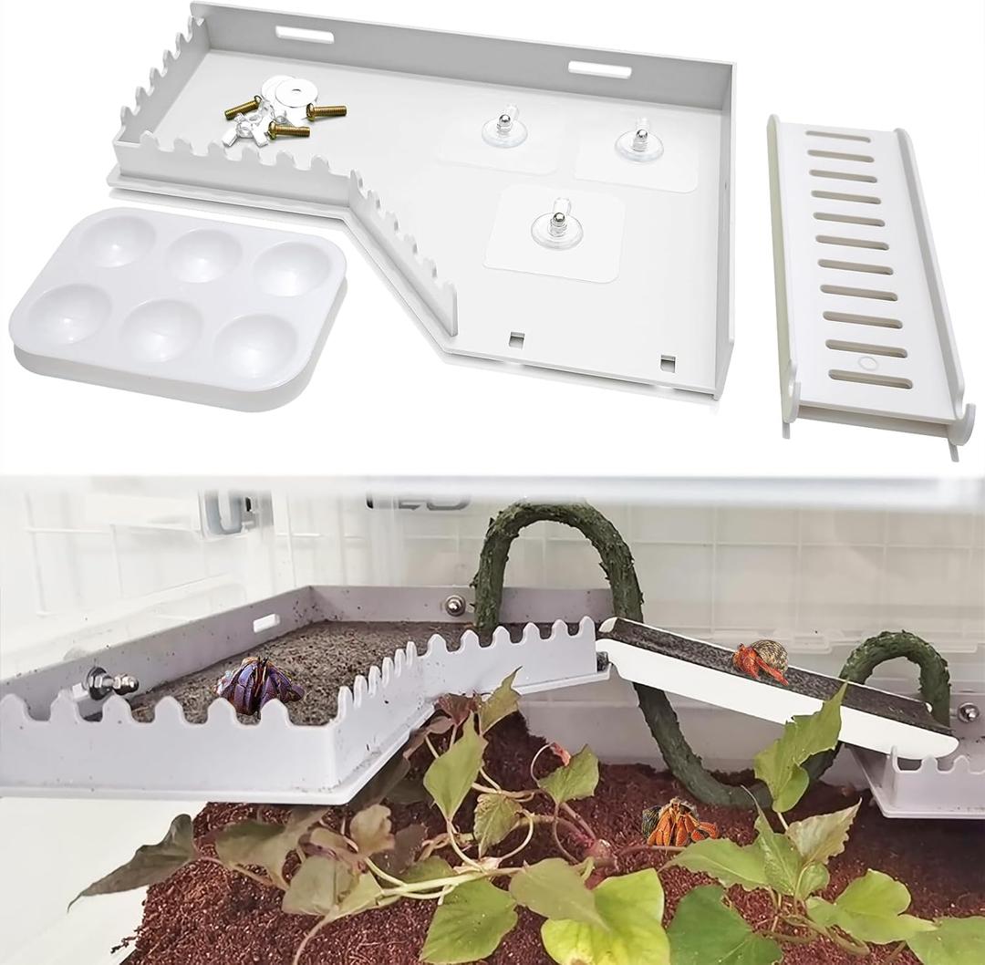 Hermit Crab Accessories - Platform with Ladder and Food Dish, Hermit Crab Climbing Toys, Habitat Supplies and Tank Accessories for Reptiles, Hamsters, Geckos, Small Lizards (White)