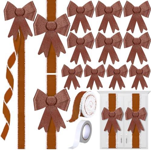 Daifunli 16 Pcs Velvet Christmas DIY Cabinet Ribbons Bows Large Christmas Door Kitchen Ribbon Cabinet Bows with 27 Meter Velvet Ribbons for DIY Xmas Holidays Kitchen Party Decorations(Brown)
