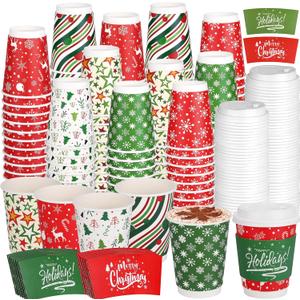 Kochorie100 Set 12 oz Christmas Disposable Coffee Cups with Dome Lids Sleeves Christmas Disposable Paper Extra Thick Insulated Cup for Hot Cold Drinks Xmas Hot Chocolate Party Supplies Classic Style