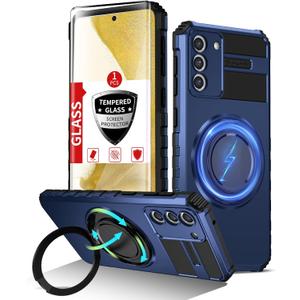 for Samsung Galaxy S22 Plus Case Magnetic Compatible with Wireless Charging,Phone Case with Screen Protector,Built-in Kickstand Ring Military Grade Drop Shockproof Heavy Duty Protection Blue
