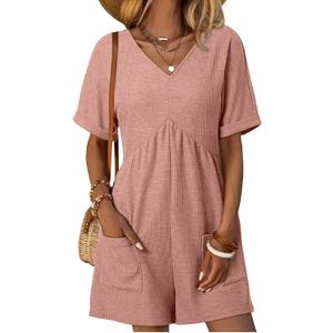 AlvaQ Rompers for Women Solid Color Casual Short Sleeve V Neck Zipper Short Jumpsuits with Pockets (Pink, XXL)