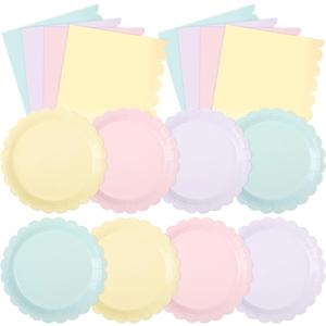 120 Pcs Pastel Paper Plates and Napkins Pastel Rainbow Party Supplies Bulk Disposable 7 Inch Scalloped Plates Cocktail Napkins for Colored Easter Wedding Bridal Baby Shower Birthday, Serve 60