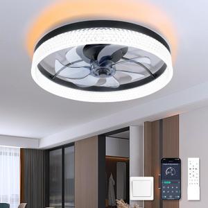 Ceiling Fans with Lights and Remote, 19.7in Low Profile Flush Mount Ceiling Fan with Light, Reversible 6 Speeds 3000K-6500K Dimmable with Timer, Fandelier Bladeless Ceiling Fan (Black-Diamond)