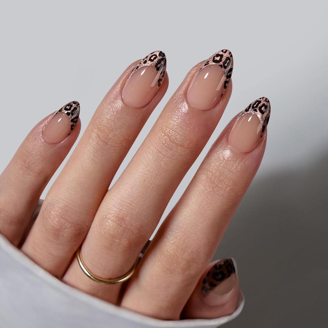 BTArtbox Press On Nails Short - Lamp-Curable Leopard French Tip Almond Press On Nails with Glue for Women, Semi-Transparent Soft Gel Glue On Nails in 16 Sizes - 32 Stick On Nails Kit, Wild Cheetah